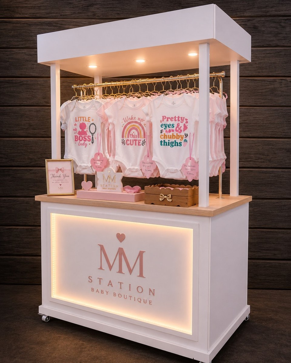 Custom pressed baby onesies on a styled cart